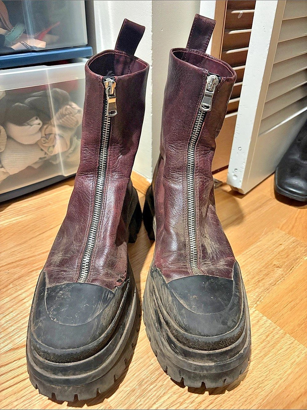 Zara Leather Zip-Front Track Sole Ankle Boots Purple